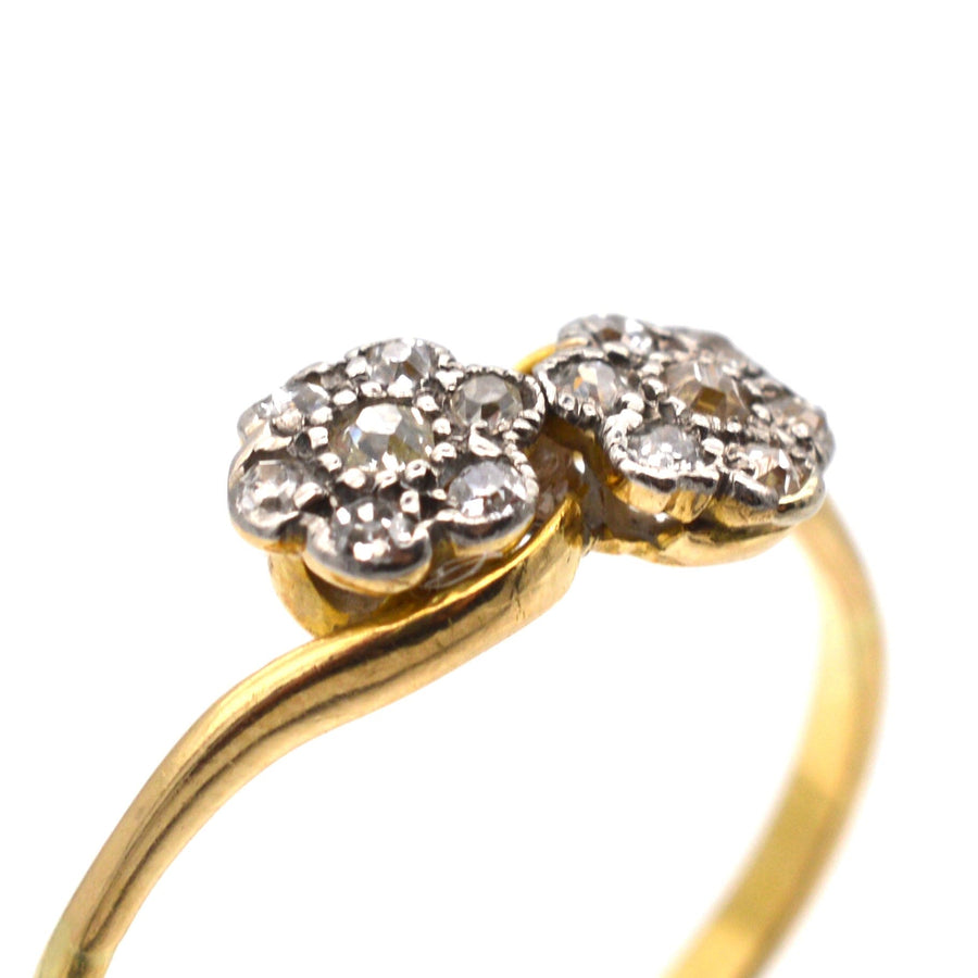 Edwardian 18ct Gold, Double Diamond Cluster Crossover Ring | Parkin and Gerrish | Antique & Vintage Jewellery