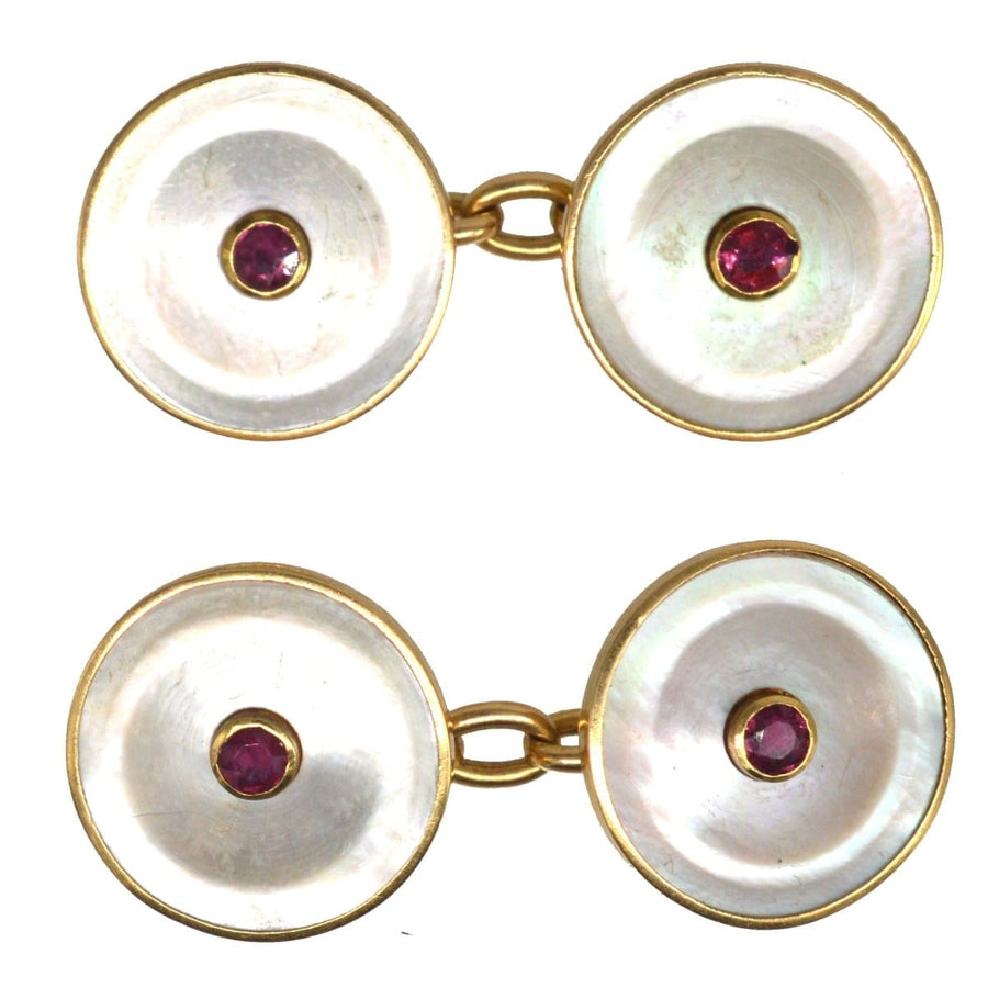 Edwardian 18ct Gold, Mother of Pearl and Ruby cufflinks | Parkin and Gerrish | Antique & Vintage Jewellery