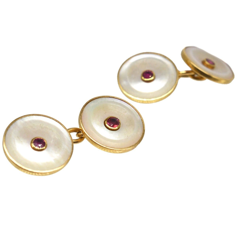 Edwardian 18ct Gold, Mother of Pearl and Ruby cufflinks | Parkin and Gerrish | Antique & Vintage Jewellery