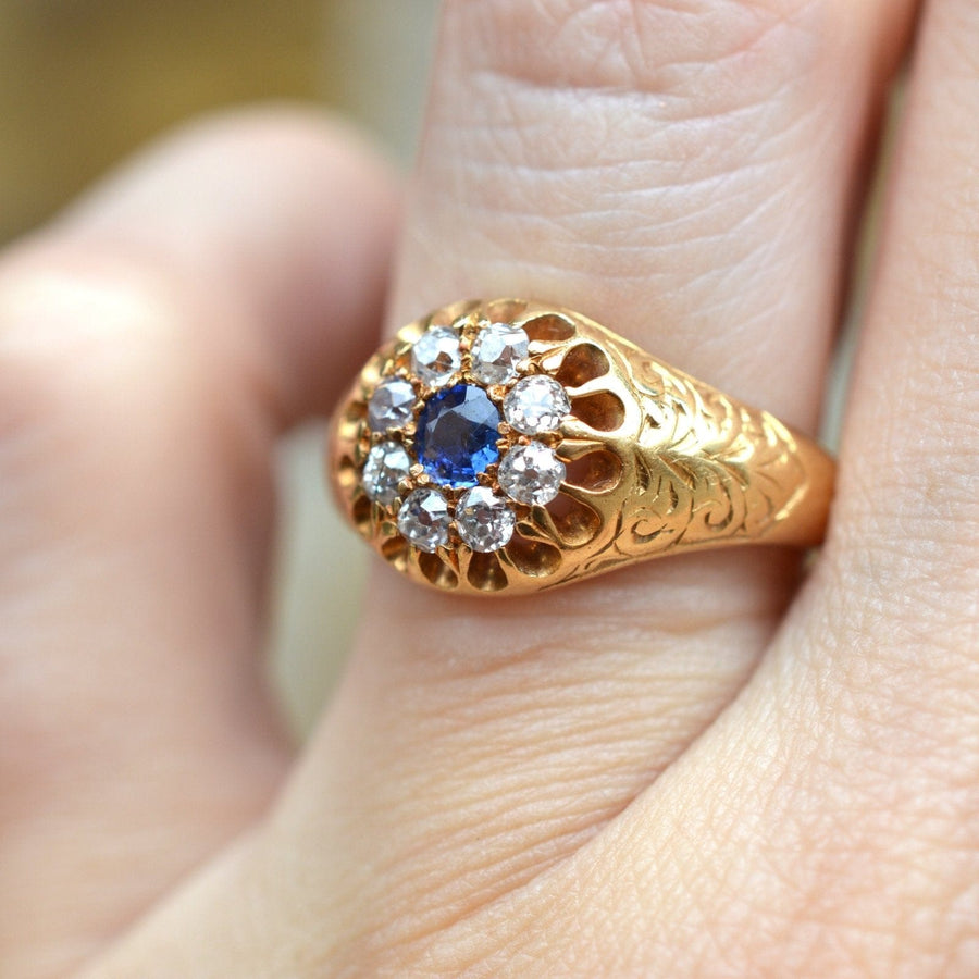 Edwardian 18ct Gold, Old Mine Cut Diamond and Sapphire Cluster Ring | Parkin and Gerrish | Antique & Vintage Jewellery