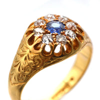 Edwardian 18ct Gold, Old Mine Cut Diamond and Sapphire Cluster Ring | Parkin and Gerrish (UK)