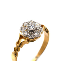 Edwardian 18ct Gold Old Mine Cut Diamond Cluster Ring with Decorated Shoulders | Parkin and Gerrish (UK)
