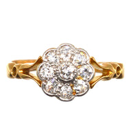 Edwardian 18ct Gold Old Mine Cut Diamond Cluster Ring with Decorated Shoulders | Parkin and Gerrish (UK)