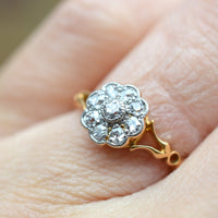 Edwardian 18ct Gold Old Mine Cut Diamond Cluster Ring with Decorated Shoulders | Parkin and Gerrish (UK)