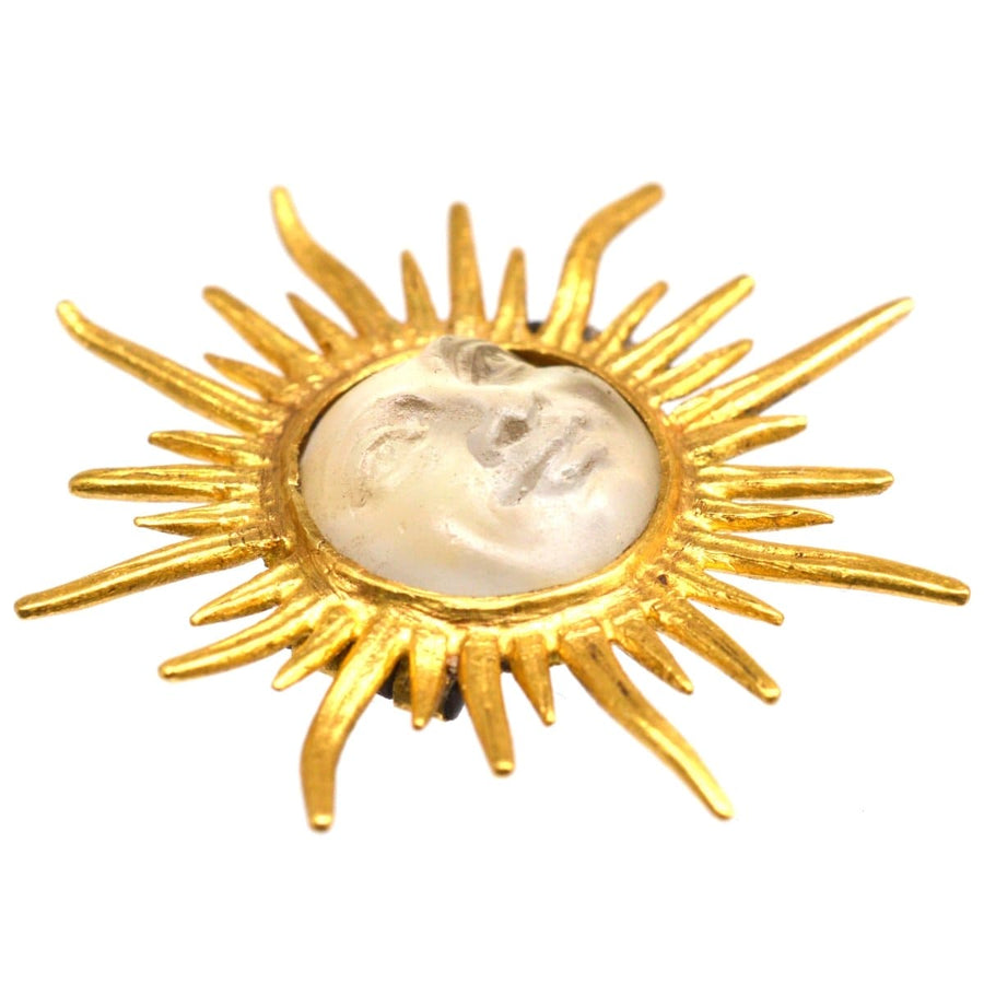 Edwardian 18ct Gold Opalescent Glass Man in the Moon Sunburst Brooch | Parkin and Gerrish | Antique & Vintage Jewellery