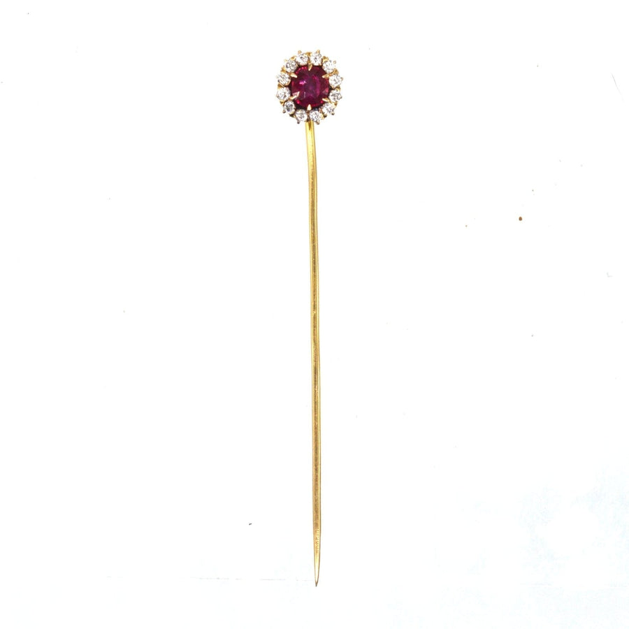 Edwardian 18ct Gold Pigeon Blood Burma Ruby and Diamond Cluster Tie Pin | Parkin and Gerrish | Antique & Vintage Jewellery