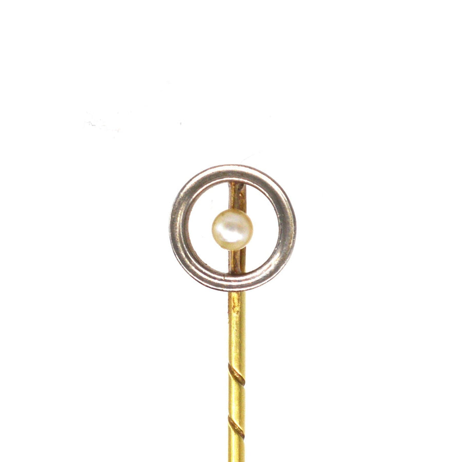 Edwardian 18ct Gold & Platinum, Round Circle Tie Pin with a Pearl | Parkin and Gerrish | Antique & Vintage Jewellery