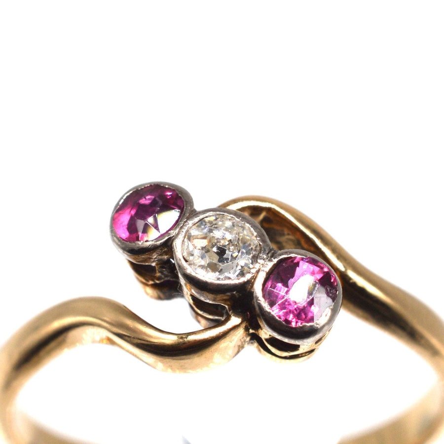 Edwardian 18ct Gold & Platinum, Ruby and Diamond Three Stone Crossover Ring | Parkin and Gerrish | Antique & Vintage Jewellery