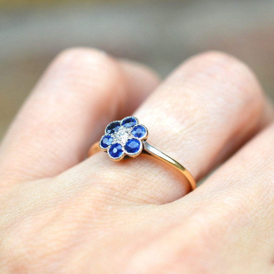 Edwardian 18ct Gold & Platinum, Sapphire and Diamond Flower Cluster Ring | Parkin and Gerrish | Antique & Vintage Jewellery