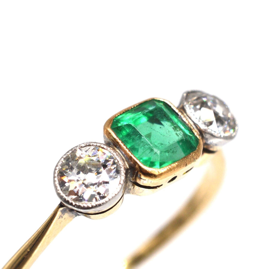 Edwardian 18ct Gold & Platinum Three Stone Emerald and Diamond Ring | Parkin and Gerrish | Antique & Vintage Jewellery