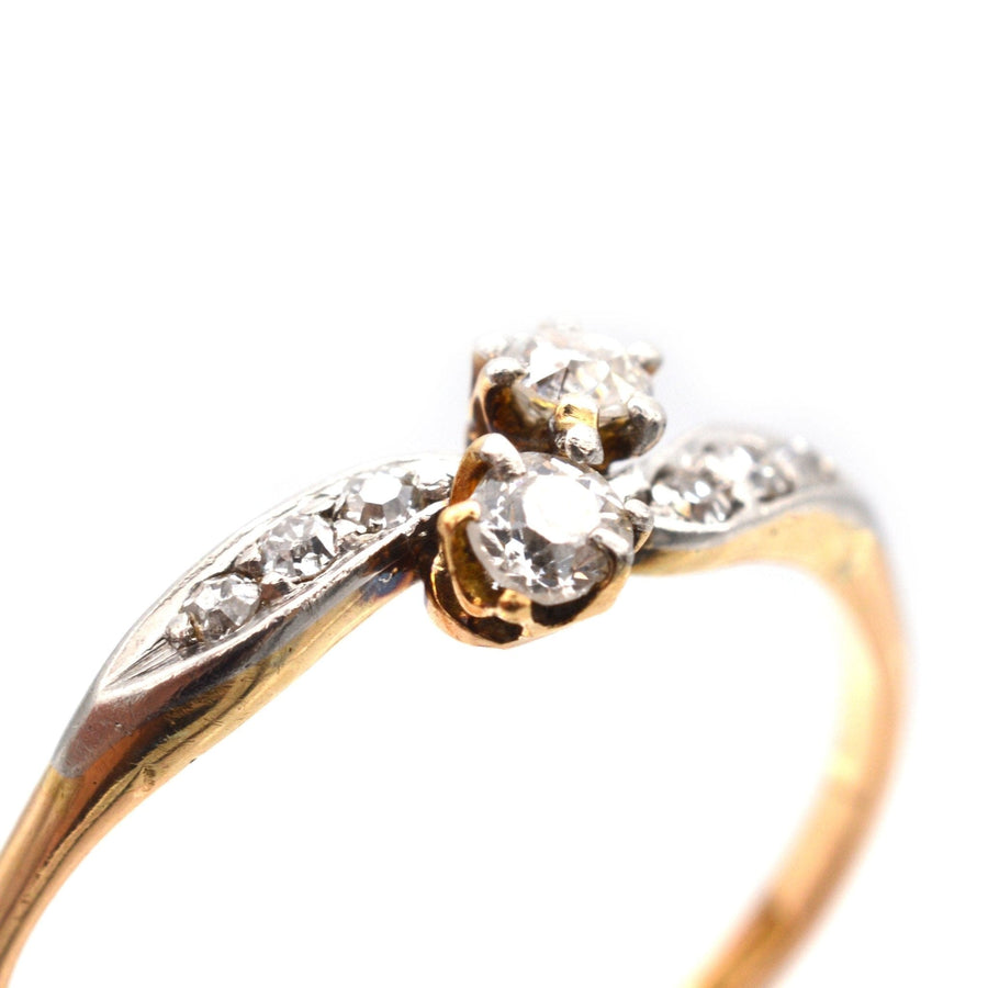 Edwardian 18ct Gold & Platinum, Two Stone Diamond Crossover Ring with Diamond Shoulders | Parkin and Gerrish | Antique & Vintage Jewellery