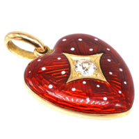 Edwardian 18ct Gold Red Enamel Strawberry Heart Pendant Locket with White Dots | Parkin and Gerrish (UK)