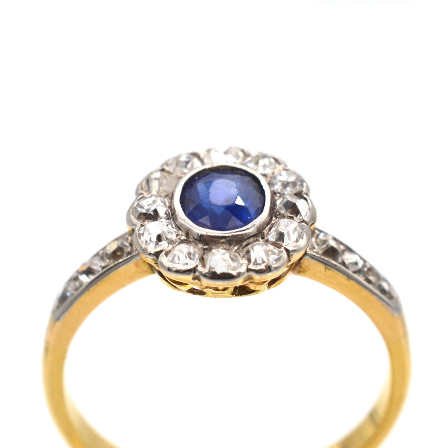 Edwardian 18ct Gold, Sapphire & Diamond Cluster Ring with Diamond Shoulders | Parkin and Gerrish | Antique & Vintage Jewellery