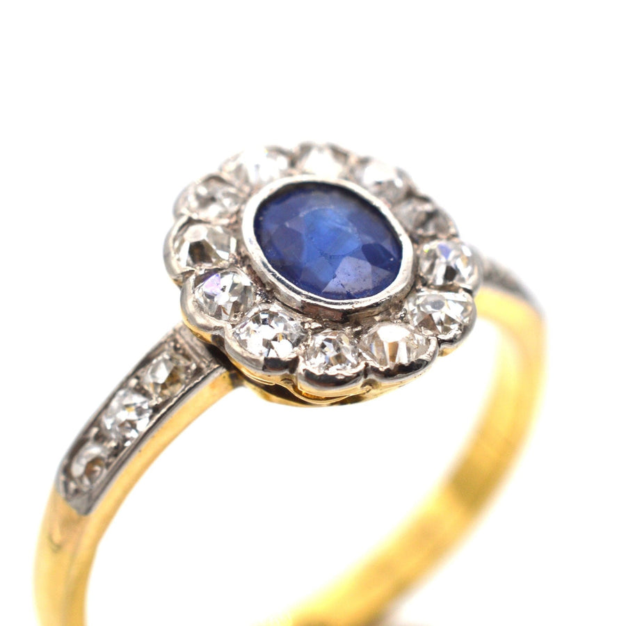Edwardian 18ct Gold, Sapphire & Diamond Cluster Ring with Diamond Shoulders | Parkin and Gerrish | Antique & Vintage Jewellery