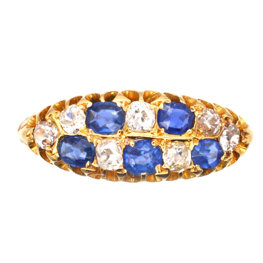 Edwardian 18ct Gold, Sapphire & Old Mine Cut Diamond Boat Shaped Chequerboard Ring | Parkin and Gerrish | Antique & Vintage Jewellery