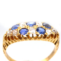 Edwardian 18ct Gold, Sapphire & Old Mine Cut Diamond Boat Shaped Chequerboard Ring | Parkin and Gerrish (UK)