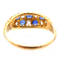 Edwardian 18ct Gold, Sapphire & Old Mine Cut Diamond Boat Shaped Chequerboard Ring | Parkin and Gerrish (UK)