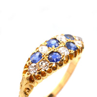 Edwardian 18ct Gold, Sapphire & Old Mine Cut Diamond Boat Shaped Chequerboard Ring | Parkin and Gerrish (UK)