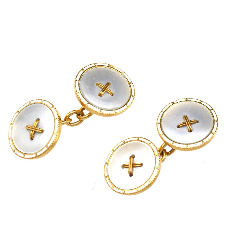 Edwardian 18ct Gold, White Enamel & Mother of Pearl Round Button Cufflinks | Parkin and Gerrish | Antique & Vintage Jewellery