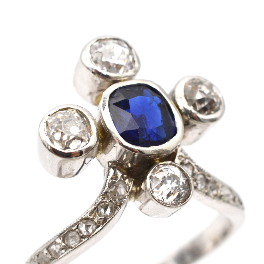 Edwardian 18ct White Gold, Sapphire and Old Mine Cut Diamond Tiara Ring | Parkin and Gerrish | Antique & Vintage Jewellery