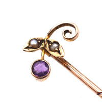 Edwardian 9ct Gold, Amethyst and Seed Pearl Flower Tie Pin | Parkin and Gerrish (UK)