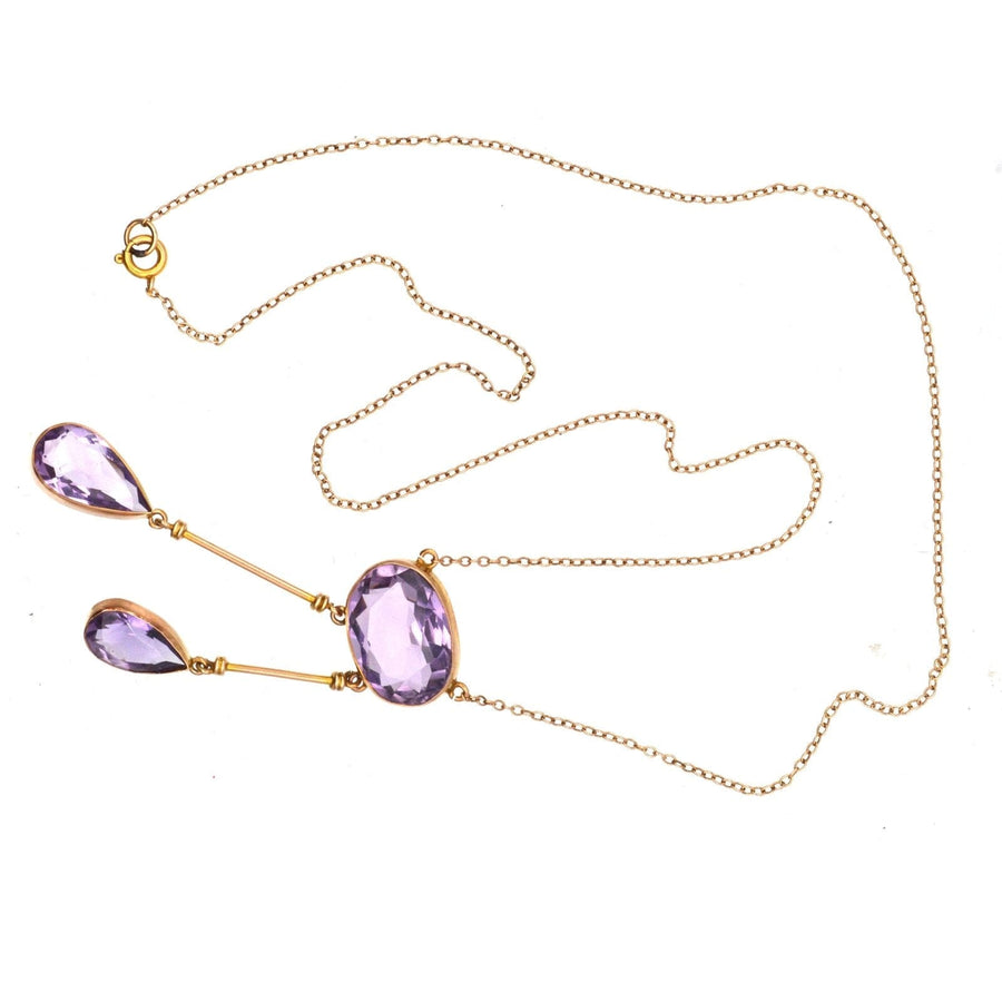 Edwardian 9ct Gold Amethyst Double Drop Negligee Lavalliere Necklace | Parkin and Gerrish | Antique & Vintage Jewellery