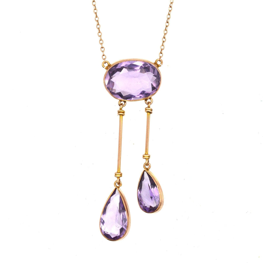 Edwardian 9ct Gold Amethyst Double Drop Negligee Lavalliere Necklace | Parkin and Gerrish | Antique & Vintage Jewellery