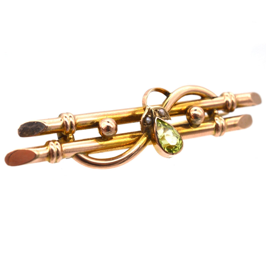 Edwardian 9ct Gold Bar Brooch with a Pear Shape Peridot & Seed Pearls | Parkin and Gerrish | Antique & Vintage Jewellery