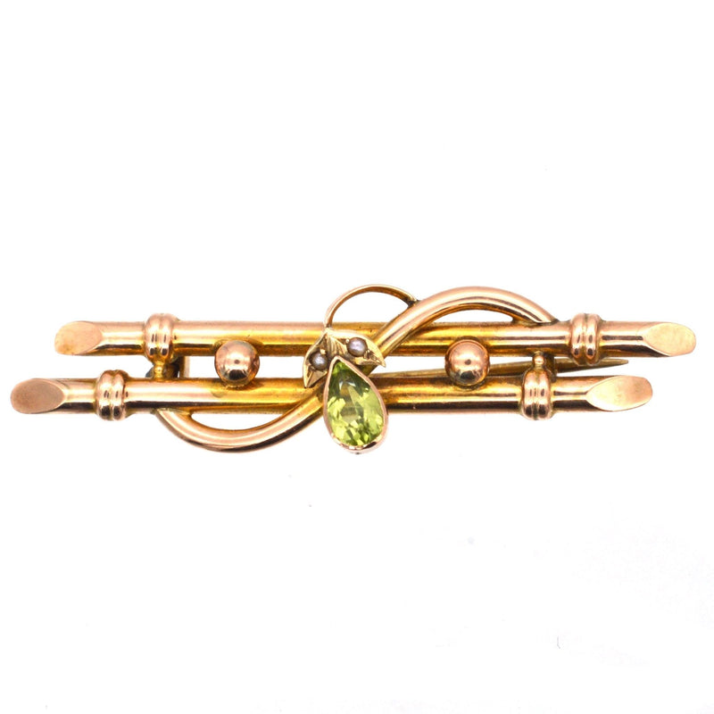 Broche en or 9 carats de style édouardien avec péridot en forme de poire et perles de rocaille