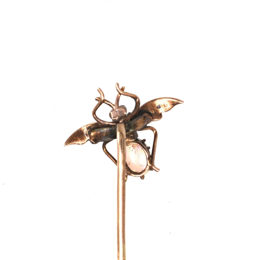 Edwardian 9ct Gold Bee (Insect Bug) Tie Pin with Opal, Seed Pearl and Garnet | Parkin and Gerrish | Antique & Vintage Jewellery