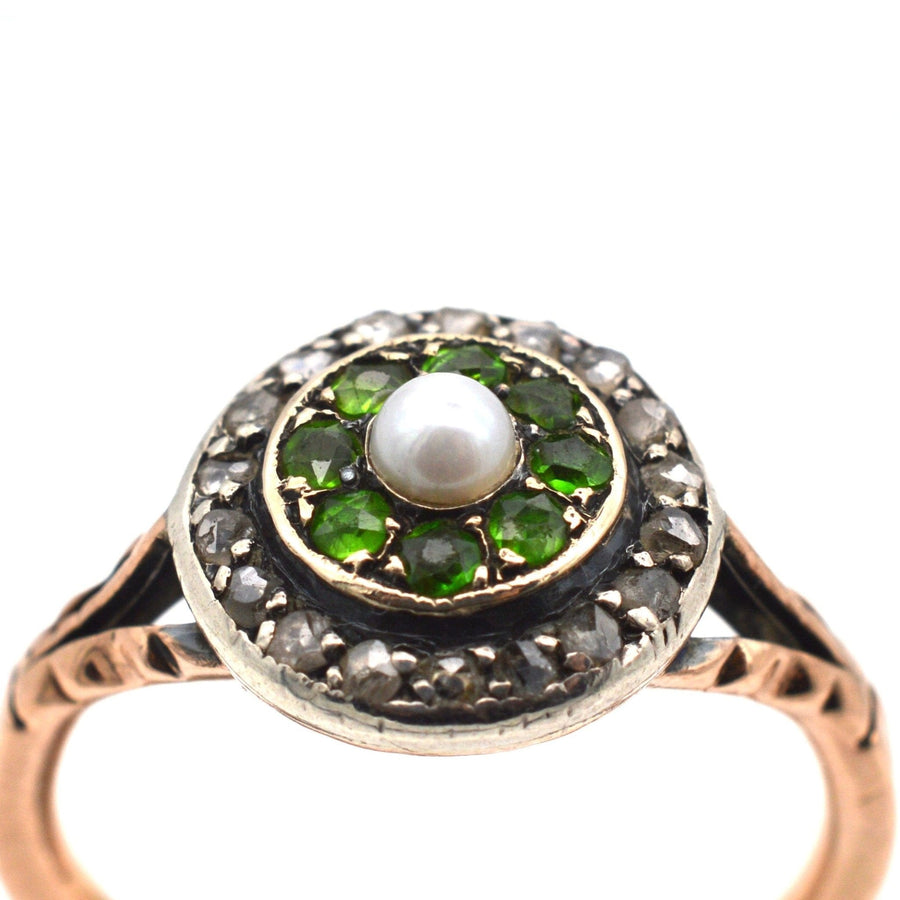 Edwardian 9ct Gold, Green Garnet, Diamond & Pearl Target Ring | Parkin and Gerrish | Antique & Vintage Jewellery