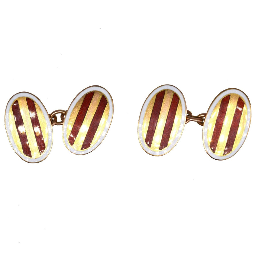 Edwardian 9ct Gold Oval Red Striped Enamel Cufflinks with a White Frame | Parkin and Gerrish | Antique & Vintage Jewellery