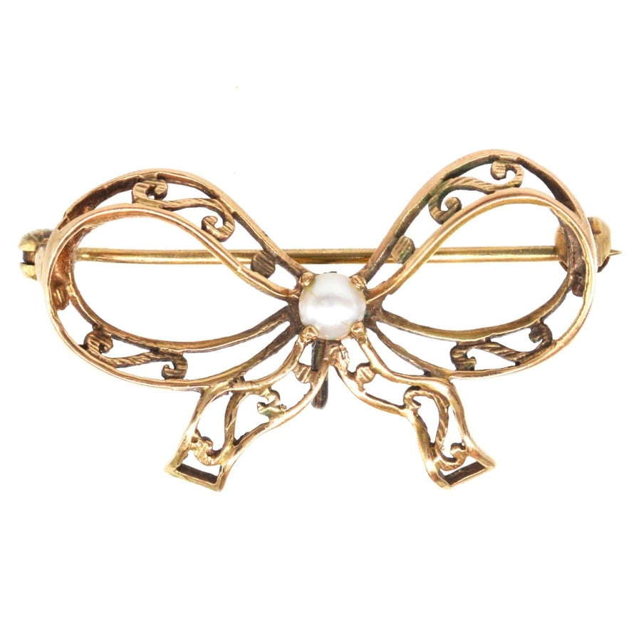 Edwardian 9ct Gold, Pearl and Gold bow Brooch | Parkin and Gerrish | Antique & Vintage Jewellery