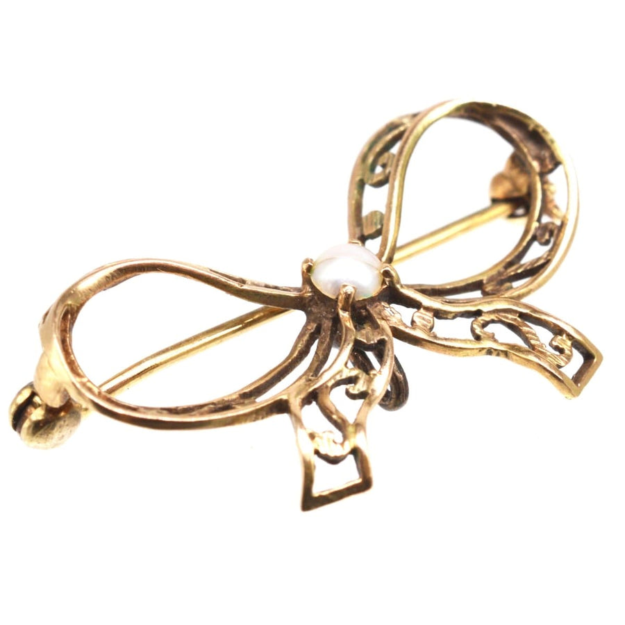 Edwardian 9ct Gold, Pearl and Gold bow Brooch | Parkin and Gerrish | Antique & Vintage Jewellery