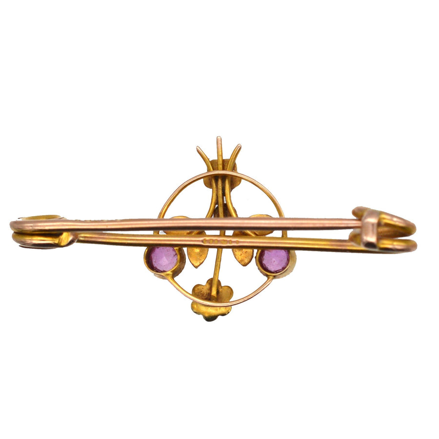 Edwardian 9ct Gold, Pink Sapphire and Natural Split Pearl Brooch | Parkin and Gerrish | Antique & Vintage Jewellery