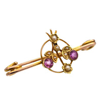 Edwardian 9ct Gold, Pink Sapphire and Natural Split Pearl Flower Basket Brooch | Parkin and Gerrish (UK)