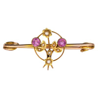 Edwardian 9ct Gold, Pink Sapphire and Natural Split Pearl Flower Basket Brooch | Parkin and Gerrish (UK)