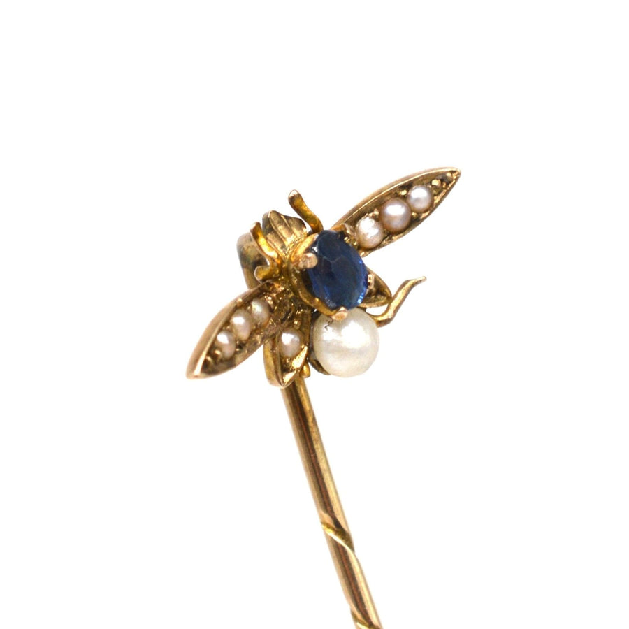 Edwardian 9ct Gold Sapphire and Natural Pearl Bee (Bug) Tie Pin | Parkin and Gerrish | Antique & Vintage Jewellery
