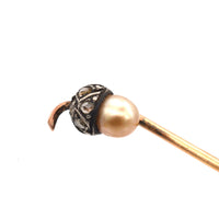 Edwardian 9ct Gold & Silver, Diamond & Natural Pearl Acorn Tie Pin | Parkin and Gerrish (UK)