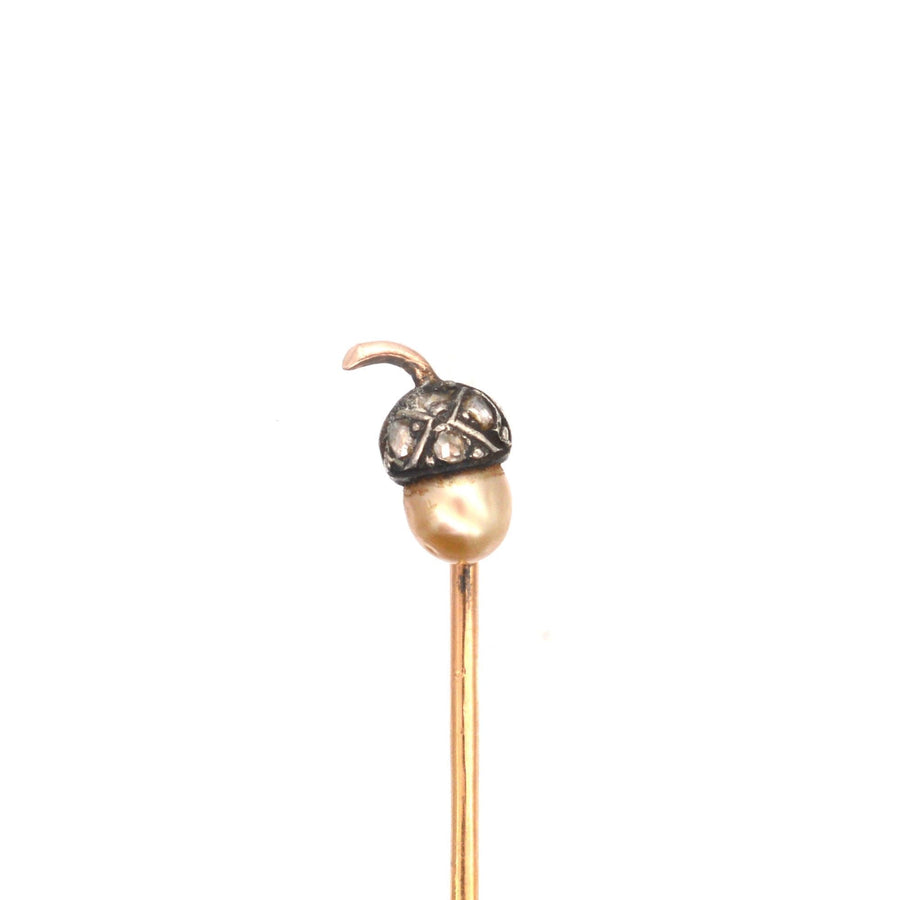 Edwardian 9ct Gold & Silver, Diamond & Natural Pearl Acorn Tie Pin | Parkin and Gerrish | Antique & Vintage Jewellery