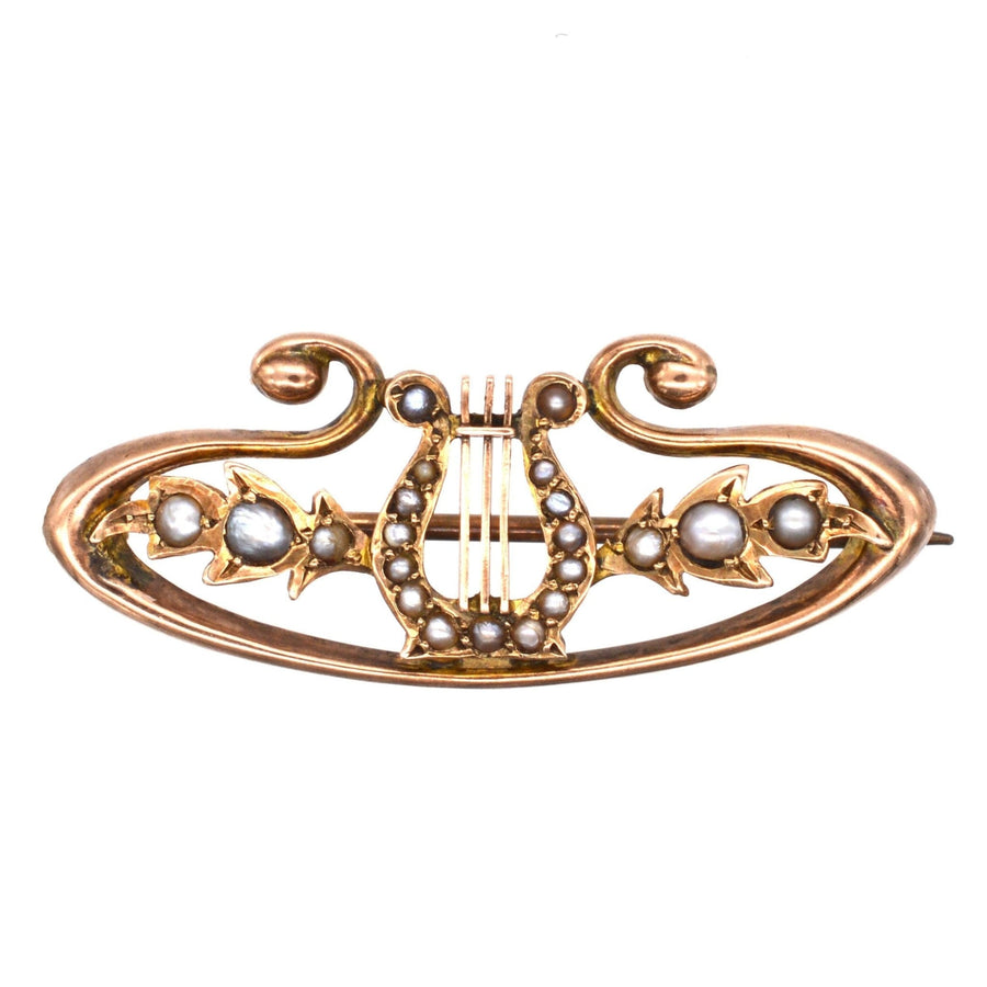 Edwardian 9ct Gold & Split Pearl Lyre/ Harp Bar Brooch | Parkin and Gerrish | Antique & Vintage Jewellery