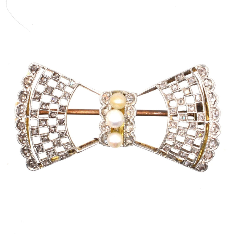 Edwardian 'Belle Epoque' 18ct Gold and Platinum Lace Bow Brooch with Pearls