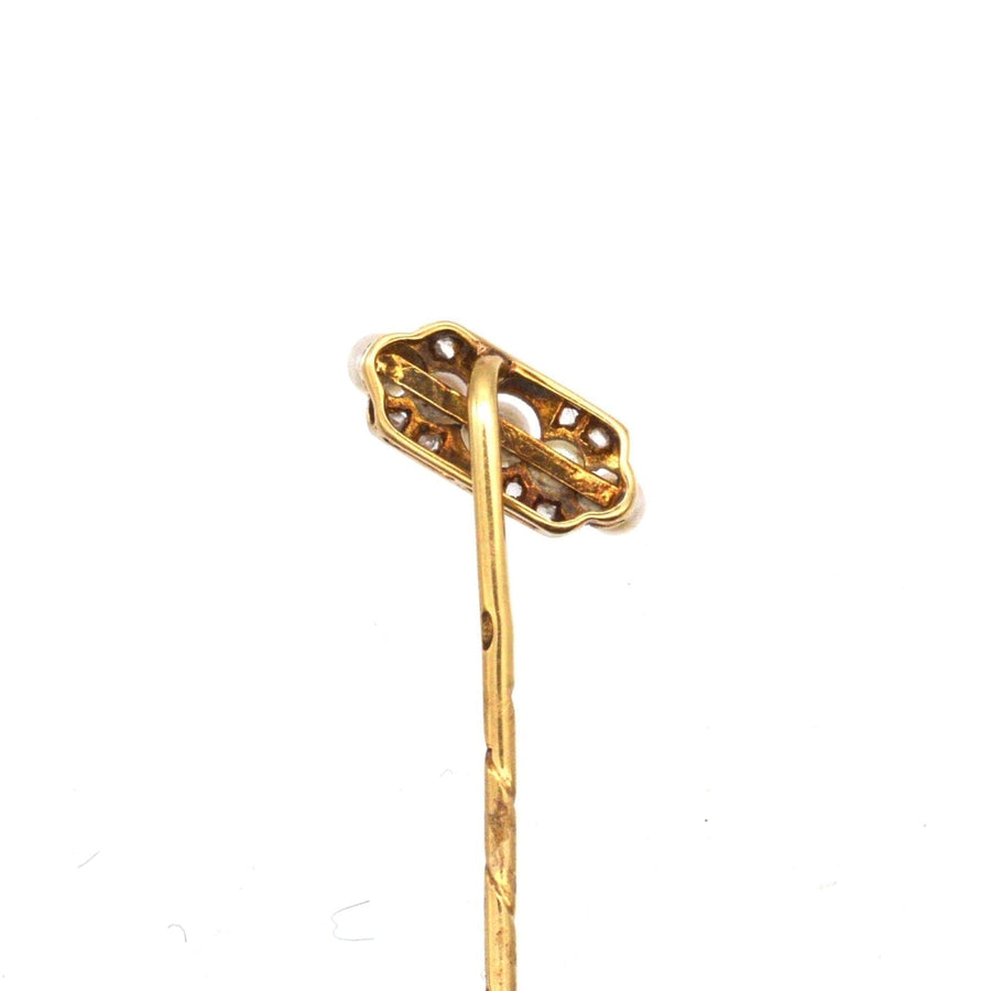 Edwardian Dutch Platinum & 14ct Gold, Five Pearl and Diamond Diagonal Tie Pin | Parkin and Gerrish | Antique & Vintage Jewellery