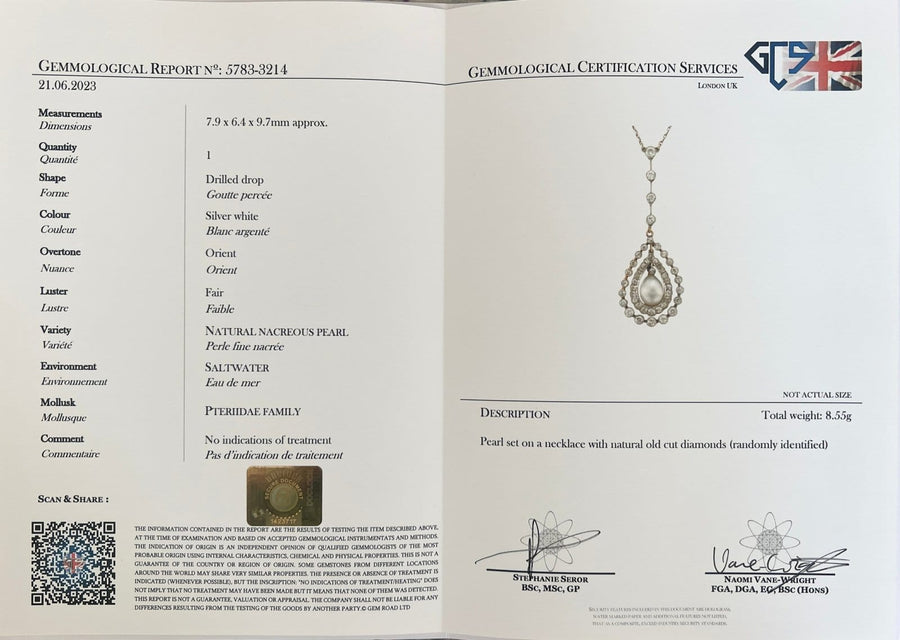 Edwardian Platinum & 18ct Gold Diamond & Certificated Natural Saltwater Pearl Pendant on Chain Necklace | Parkin and Gerrish | Antique & Vintage Jewellery