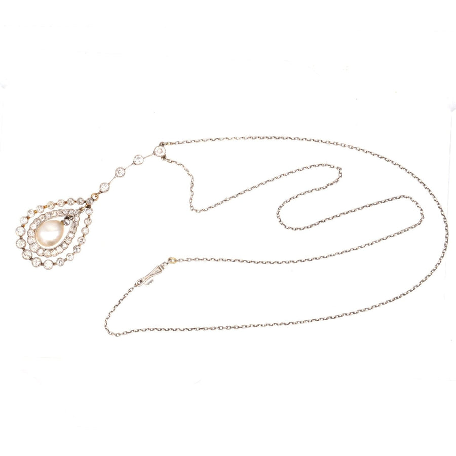 Edwardian Platinum & 18ct Gold Diamond & Natural Pearl Pendant on Chain | Parkin and Gerrish | Antique & Vintage Jewellery