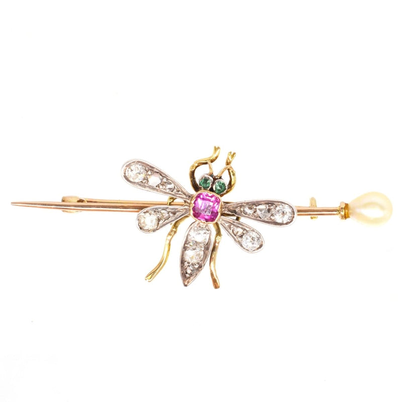 Broche insecte édouardienne en platine et or 18 carats, saphir rose, émeraude, diamant et perle naturelle