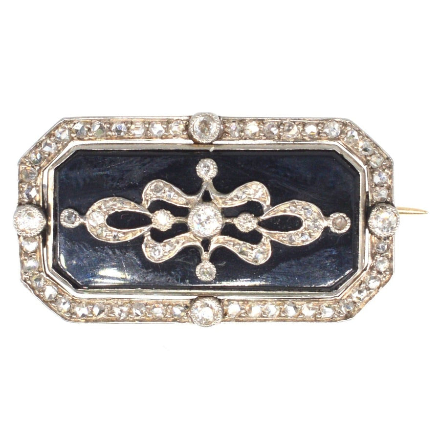 Edwardian Platinum and 15ct Gold, Onyx and Diamond Plaque Brooch | Parkin and Gerrish | Antique & Vintage Jewellery