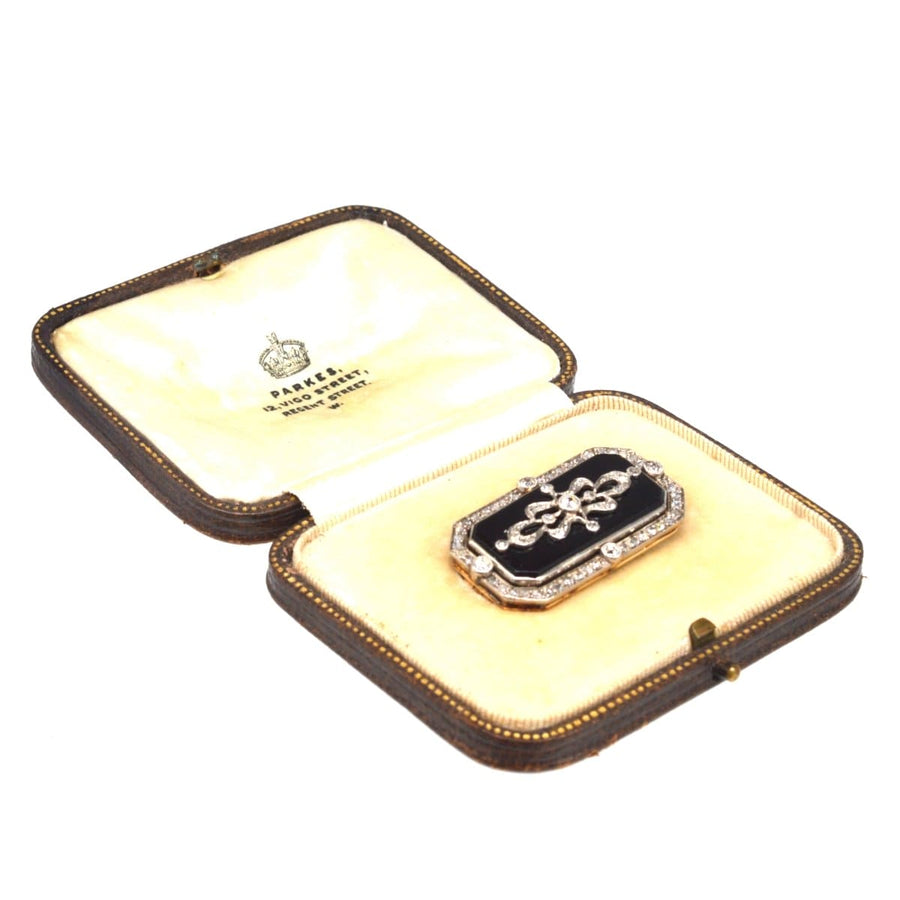 Edwardian Platinum and 15ct Gold, Onyx and Diamond Plaque Brooch | Parkin and Gerrish | Antique & Vintage Jewellery
