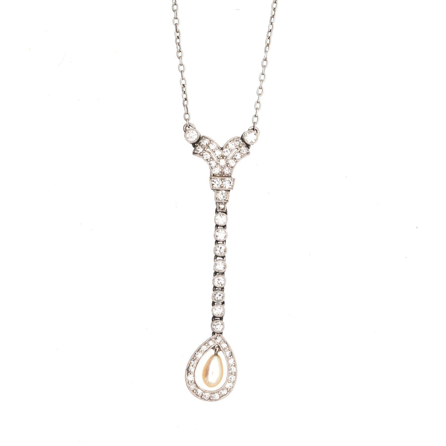 Edwardian Platinum, Diamond & Natural Pearl Drop Pendant on Platinum Chain, in Original Box by Goldsmiths & Silversmiths | Parkin and Gerrish | Antique & Vintage Jewellery