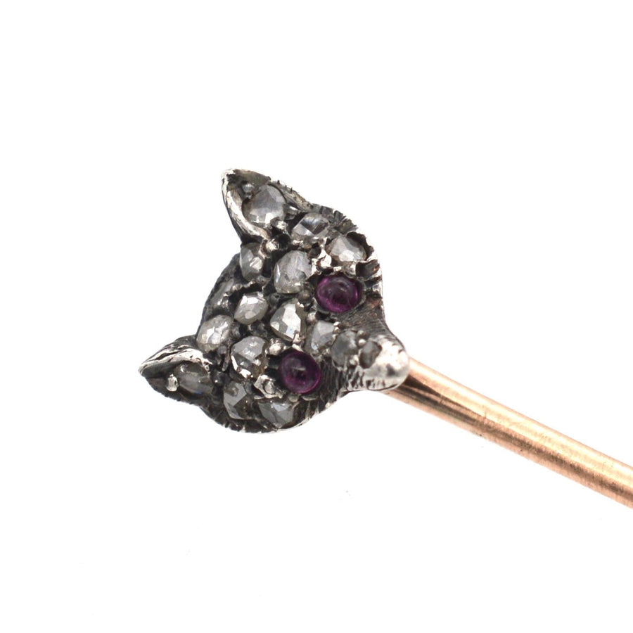 Edwardian Rose Diamond Fox Head Tie Pin With Ruby Eyes | Parkin and Gerrish | Antique & Vintage Jewellery